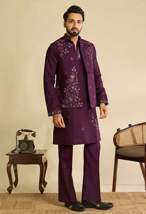 Royal Maroon Mirror Work Koti Kurta Set for Mens Wear
